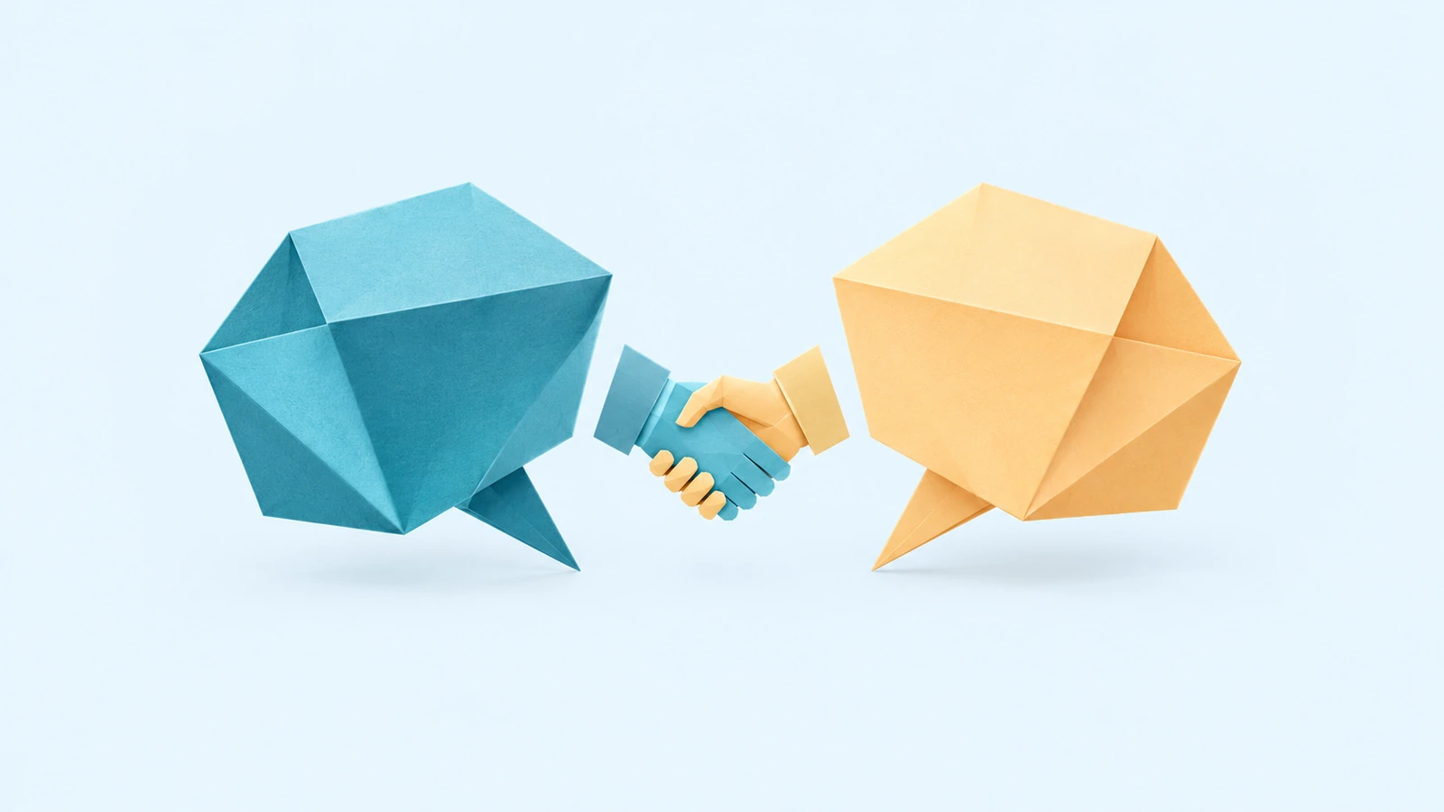 Deux bulles de dialogue en papier plié, turquoise et abricot, reliées par une poignée de main, pour inviter à échanger sur votre projet de formation