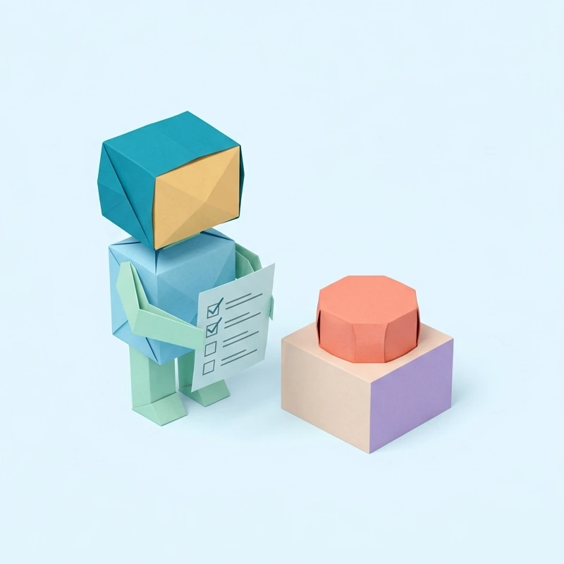 Petit robot en papier plié avec une liste de tâches et un bouton d'arrêt, pour la formation aux agents autonomes et à l'IA agentique