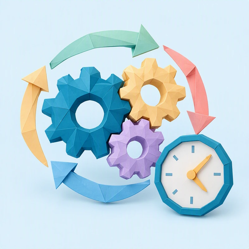 Engrenages en papier plié reliés par une boucle de flèches et une horloge, pour la formation à l'automatisation des tâches