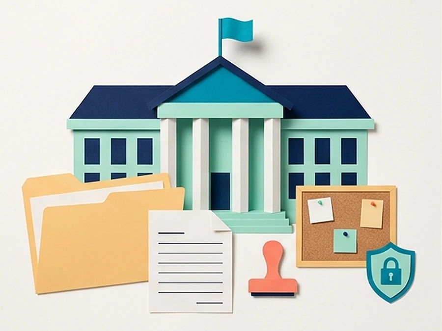 Mairie en papier plié avec un grand dossier, un formulaire, un tampon, un panneau d'affichage et un bouclier à cadenas, pour la formation bureautique des collectivités territoriales