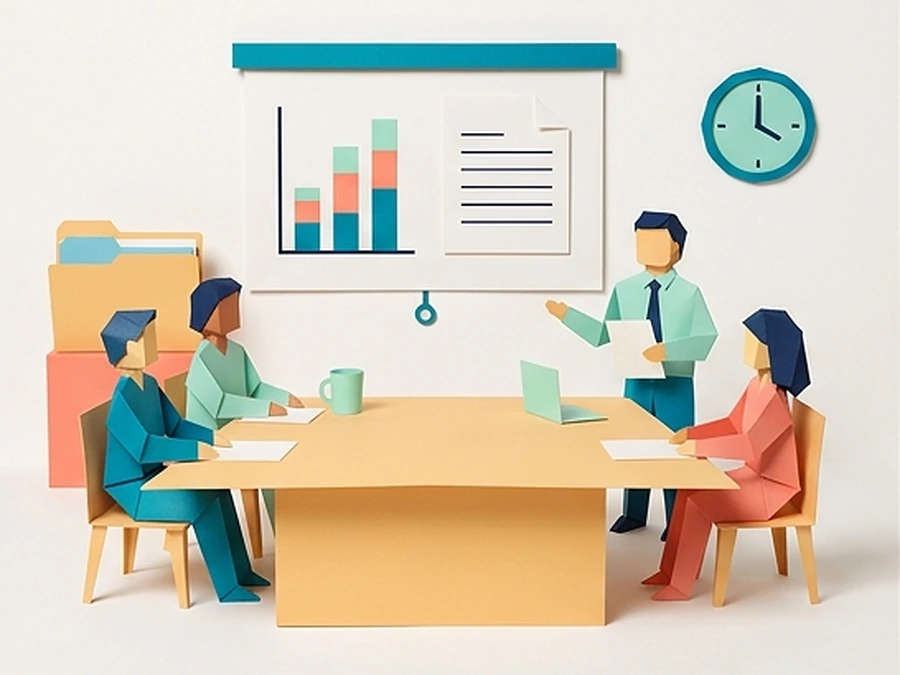 Quatre figurines en papier plié autour d'une table de réunion, devant un écran affichant un graphique en barres et un document, avec un classeur et une horloge, pour la formation bureautique des entreprises