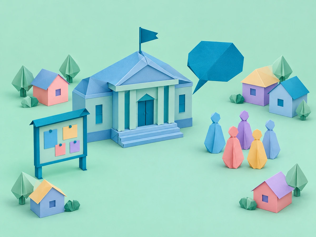 Mairie en papier plié avec panneau d'affichage, maisons et habitants autour d'une bulle de discussion, pour la formation des collectivités territoriales