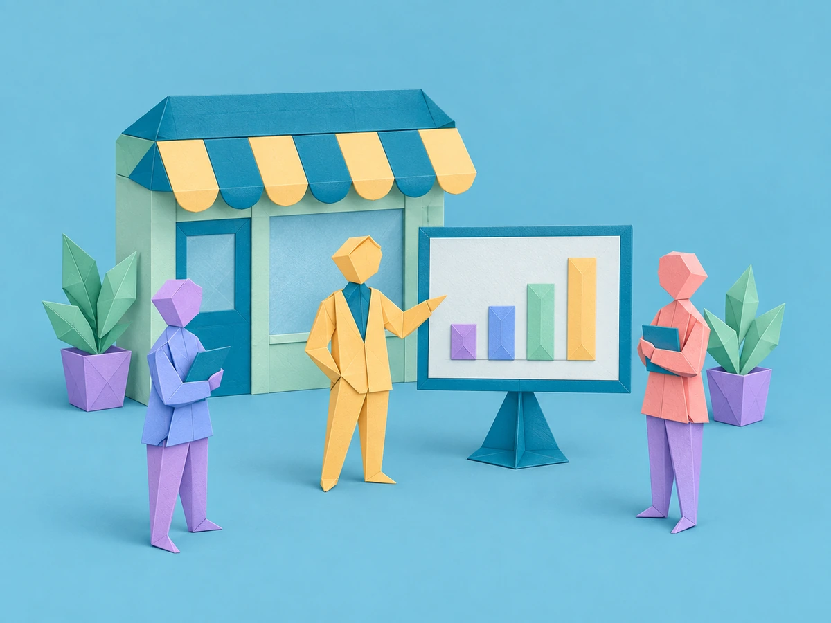Boutique en papier plié et trois personnes devant un écran affichant un graphique en barres, pour la formation communication digitale des entreprises