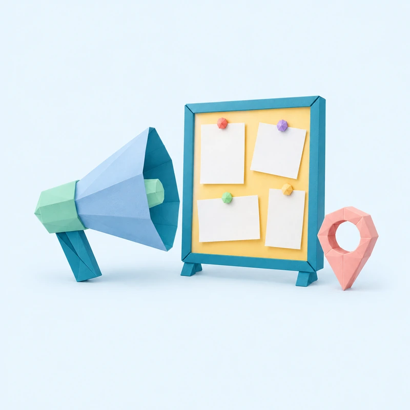 Mégaphone en papier plié, panneau d'affichage et repère de lieu, pour la formation communication publique des collectivités
