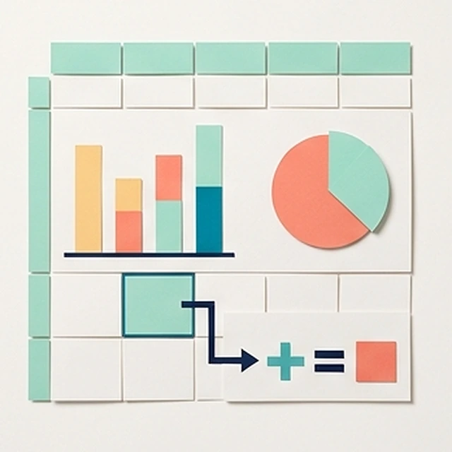 Grille de cellules en papier plié avec un graphique en barres, un camembert et une formule symbolique, pour la formation à Excel