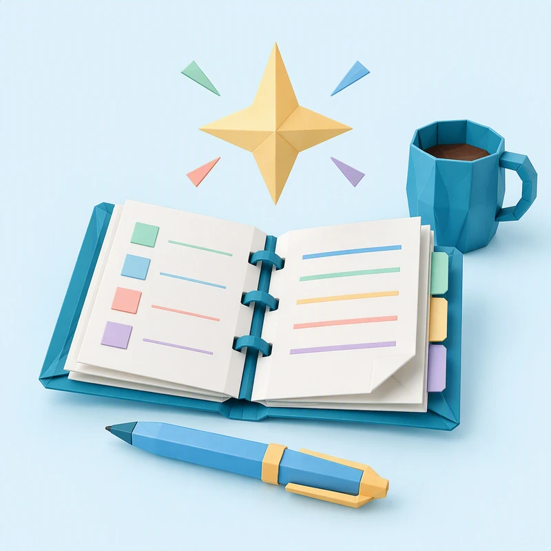 Agenda ouvert en papier plié avec un stylo, une tasse et une étincelle, pour la formation à l'IA générative au quotidien
