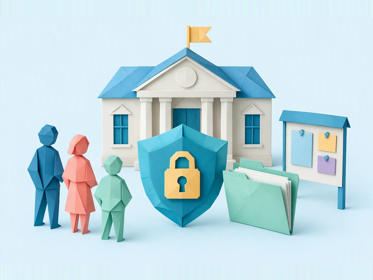 Mairie en papier plié avec un bouclier à cadenas, un dossier et un panneau d'affichage, pour la formation IA des collectivités territoriales