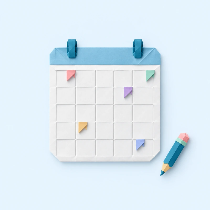 Calendrier mensuel en papier plié avec des repères colorés et un crayon, pour la formation ligne éditoriale et calendrier de publication