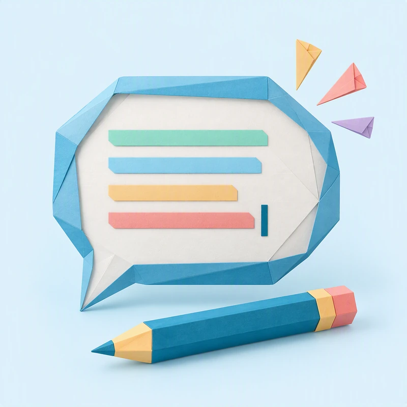 Bulle de discussion en papier plié avec un curseur de saisie et un crayon, pour la formation à la rédaction de prompts