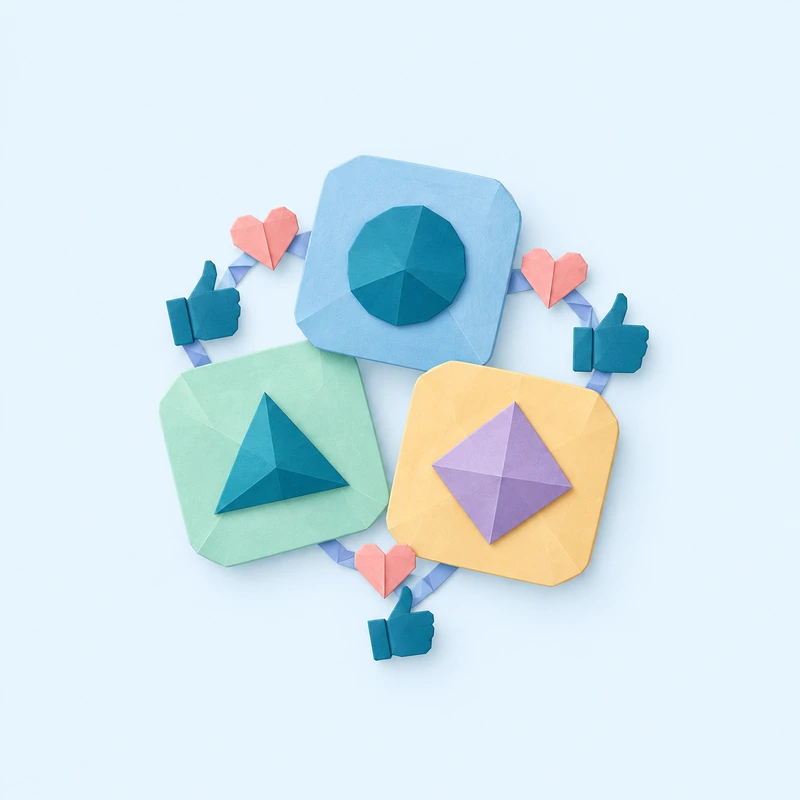 Trois tuiles d'applications en papier plié reliées par des cœurs et des pouces levés, pour la formation aux réseaux sociaux professionnels