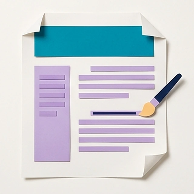 Page de texte en papier plié avec un titre, des paragraphes, une colonne latérale de sommaire et un pinceau de mise en forme, pour la formation à Word